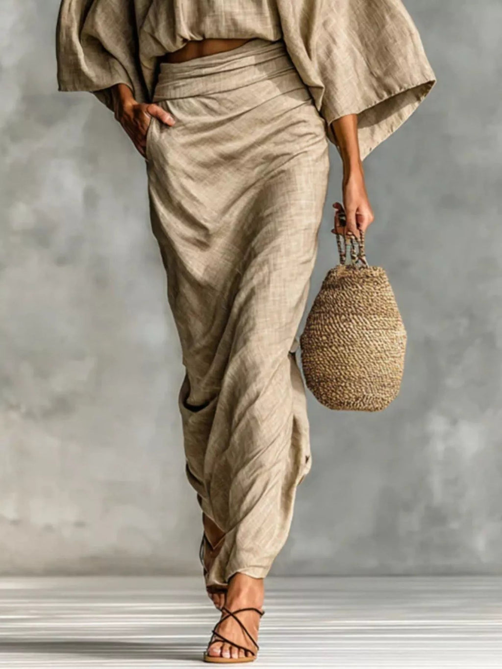 Conjunto de top con mangas kimono y falda fruncida de talla grande