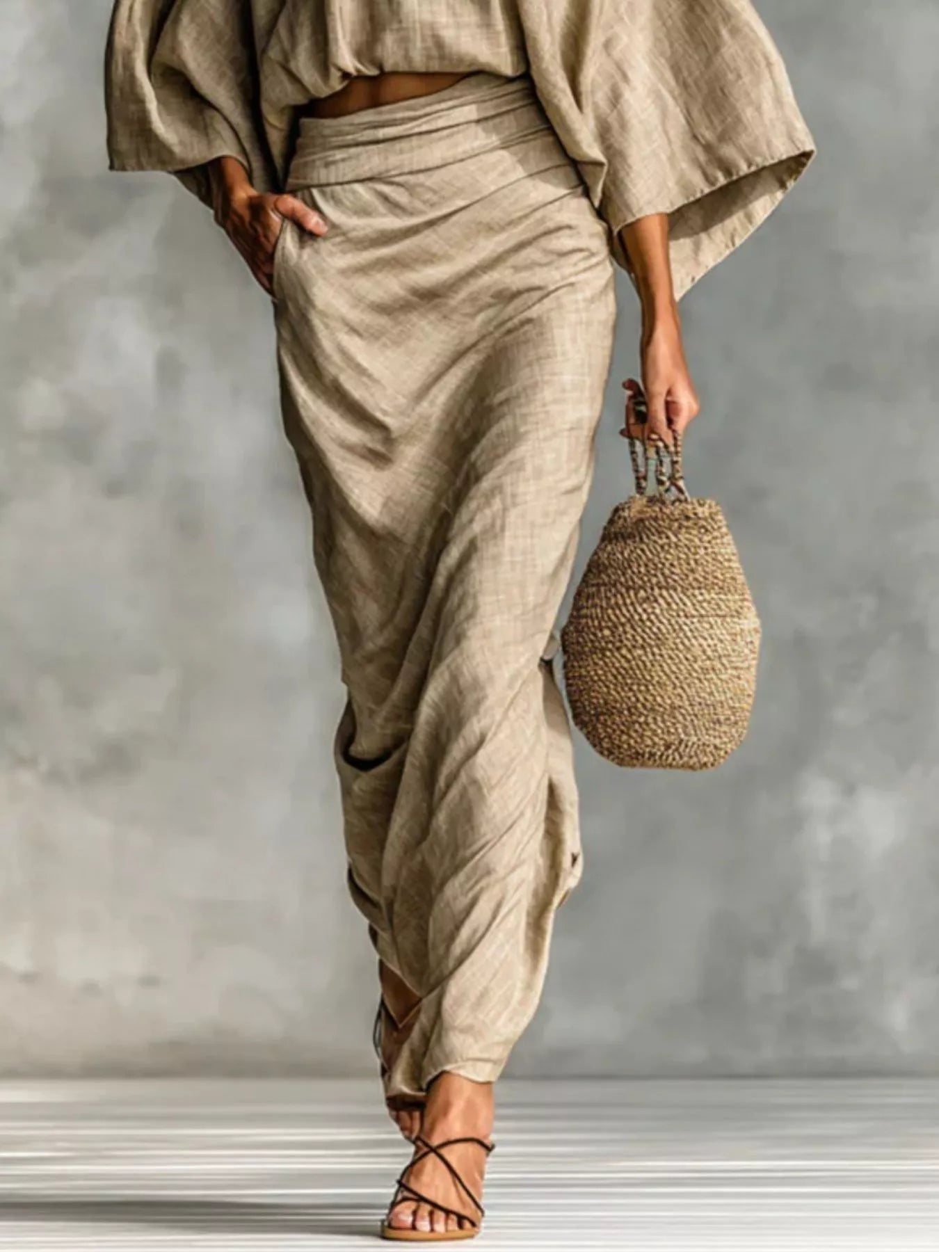 Full Size Kimono Sleeve Top and Ruched Skirt Set Plus Size