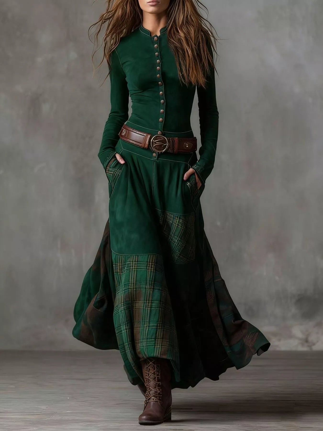 Full Size Plaid Button Front Long Sleeve Dress Plus Size