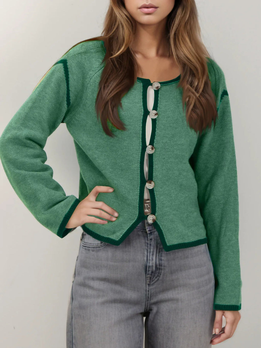 Button-Front Cardigan with Contrast Trim