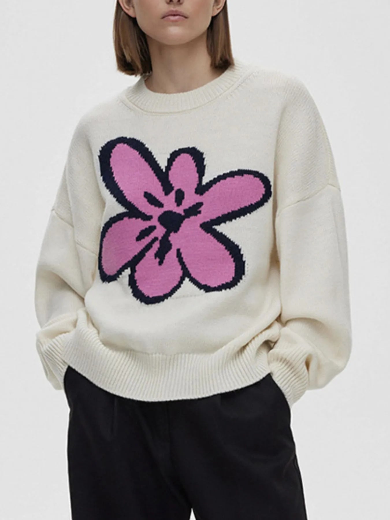 Flower Ribbed Hem Round Neck Sweater