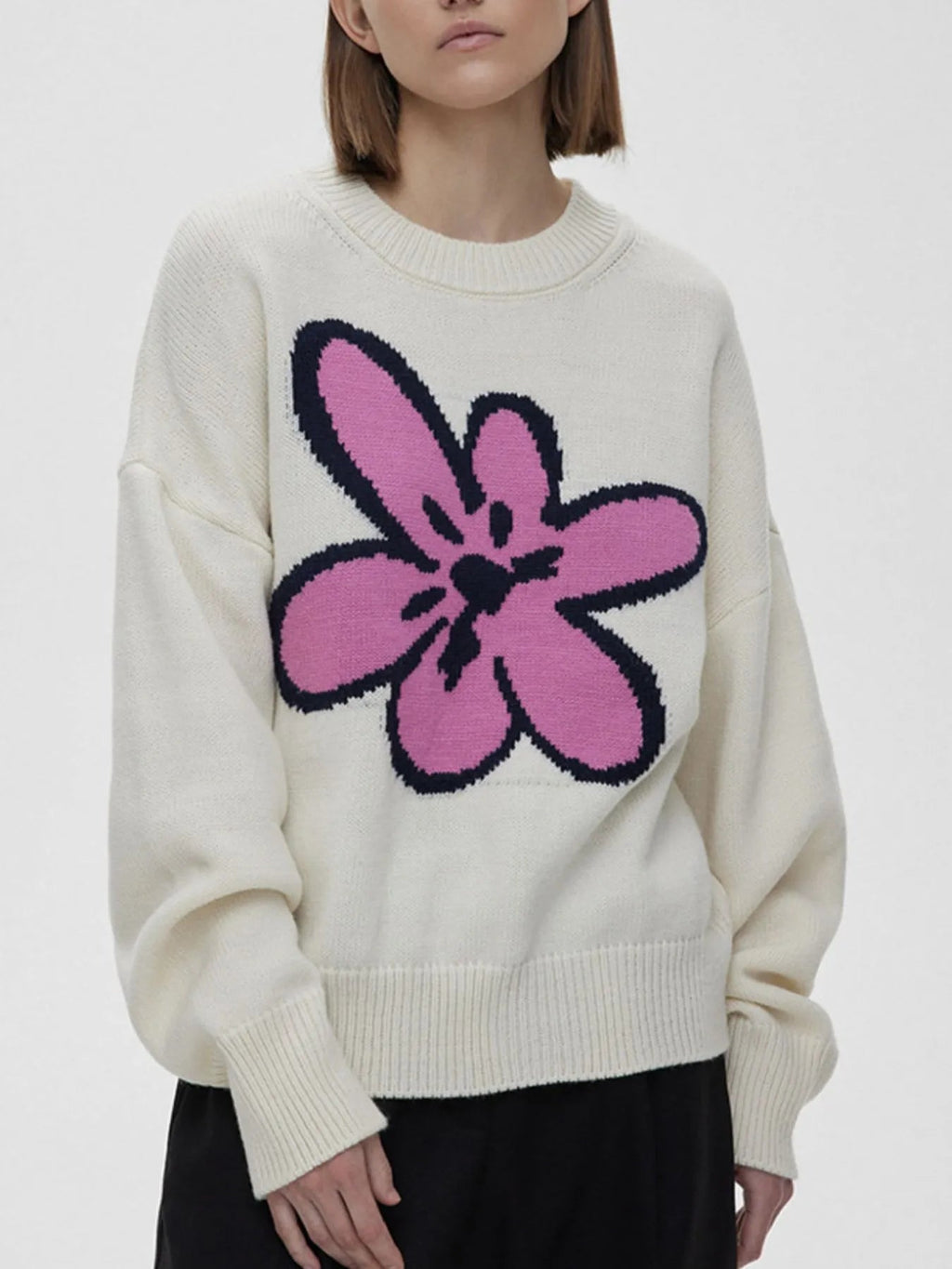 Flower Ribbed Hem Round Neck Sweater