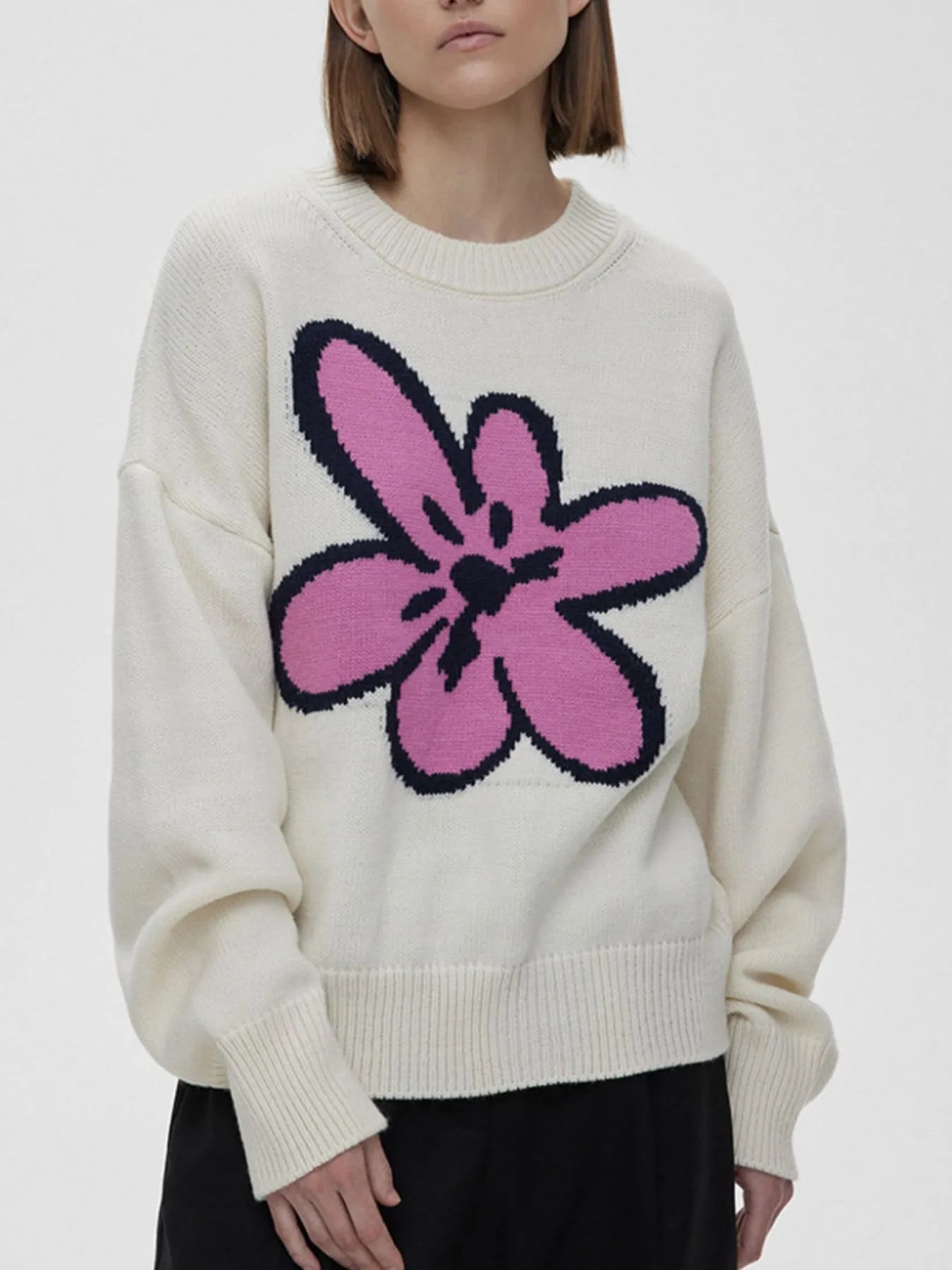 Flower Ribbed Hem Round Neck Sweater