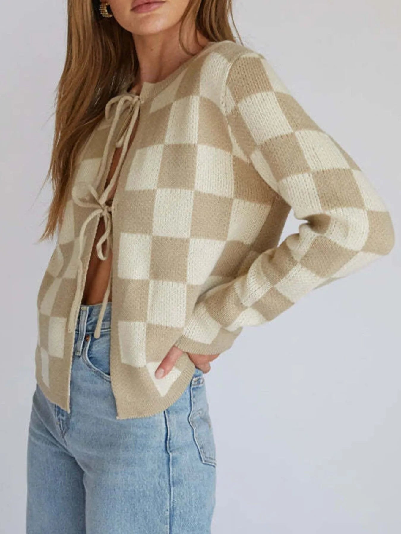 Checkered Tie-Front Cropped Cardigan