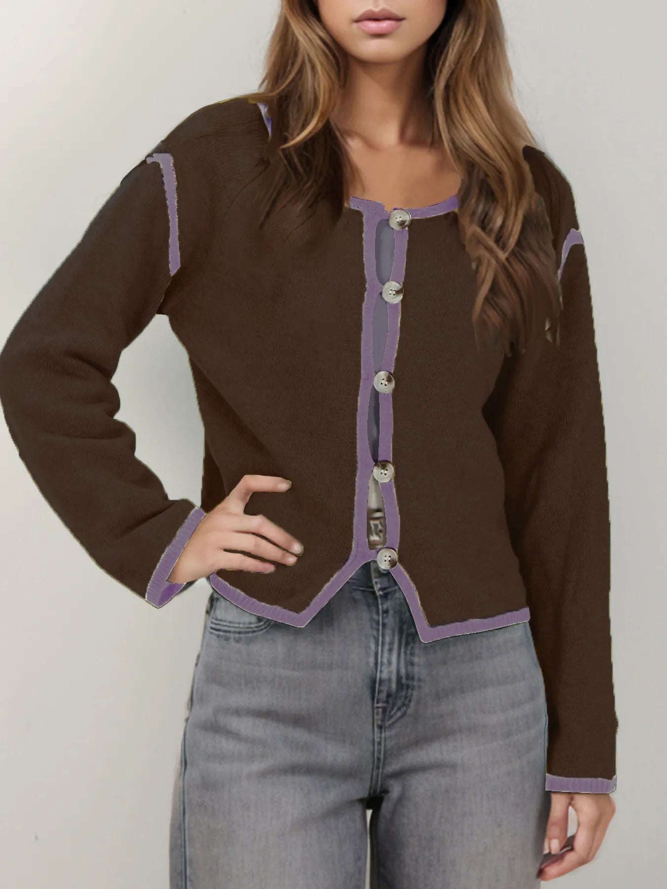 Button-Front Cardigan with Contrast Trim