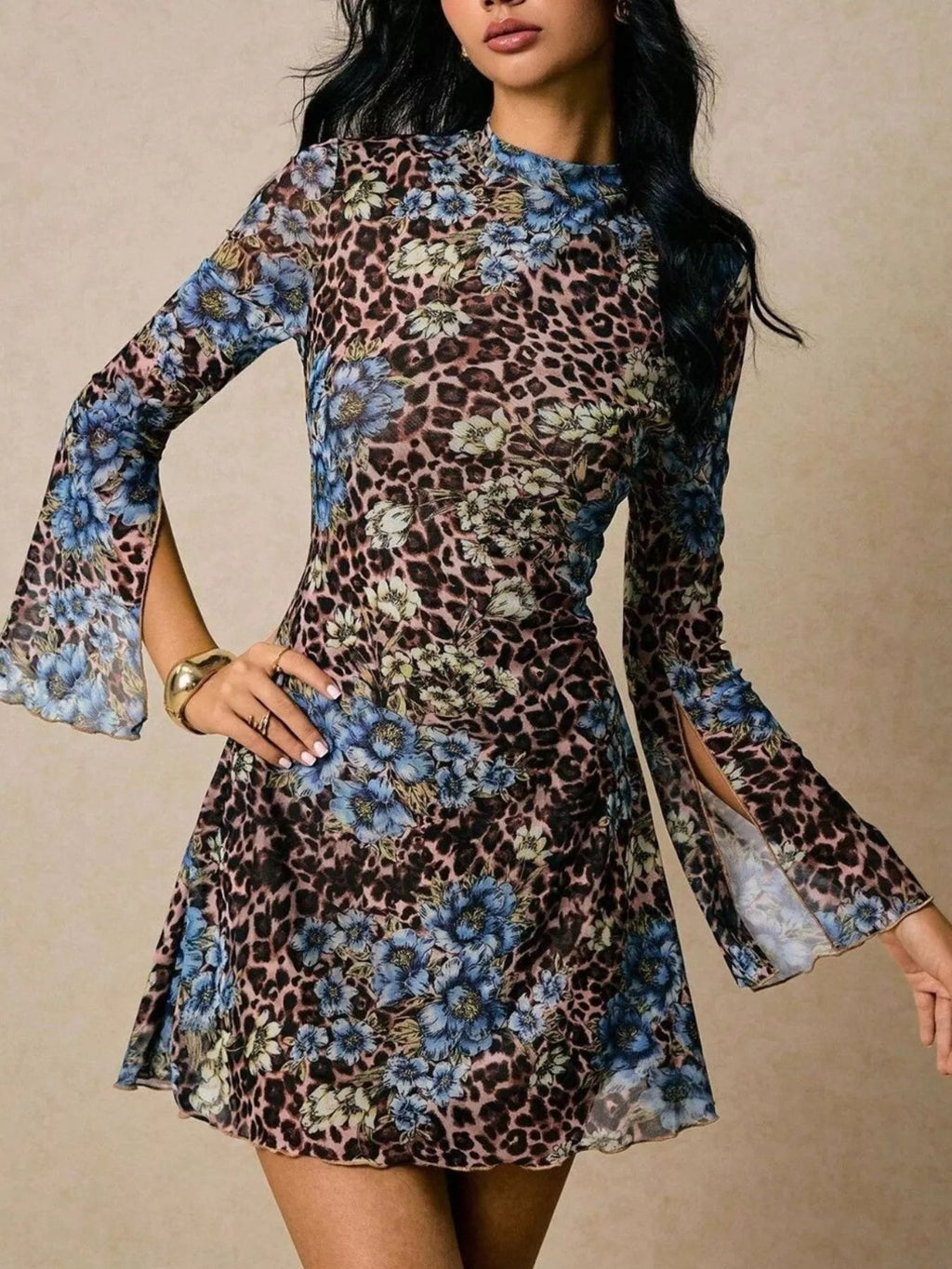 Floral Leopard Print Slit Sleeve Mini Dress