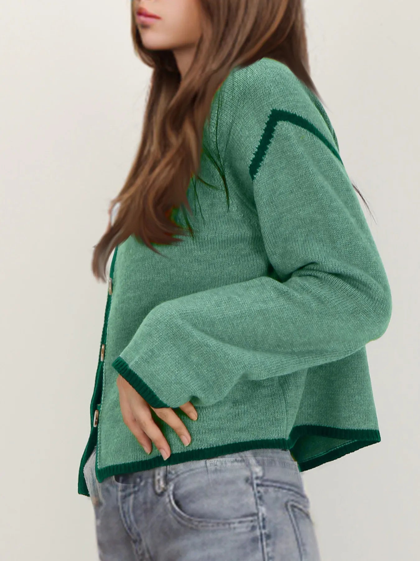 Button-Front Cardigan with Contrast Trim