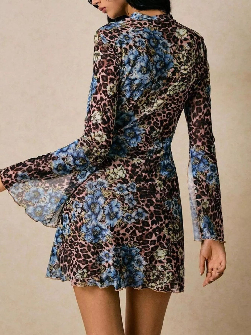 Floral Leopard Print Slit Sleeve Mini Dress