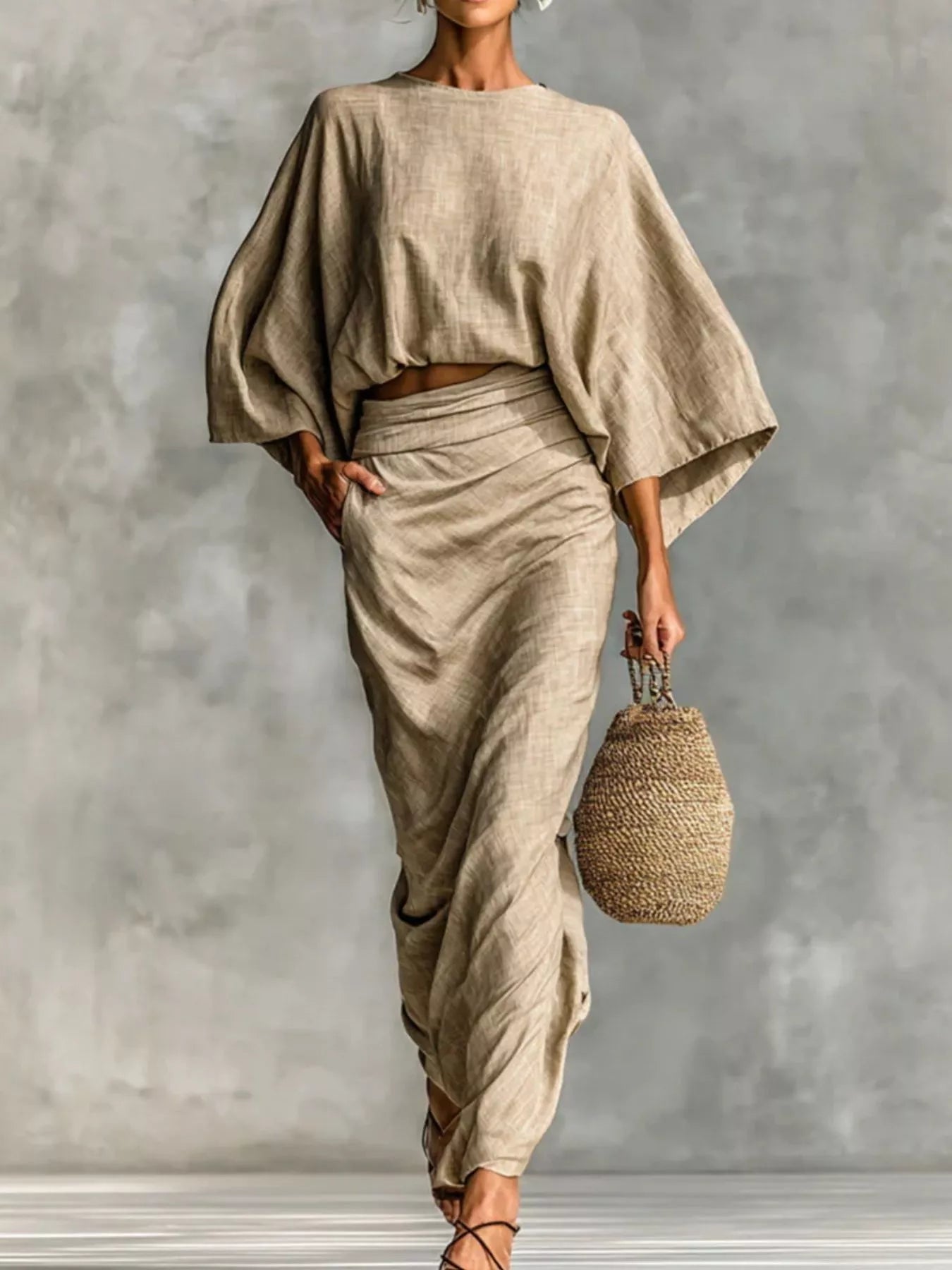 Full Size Kimono Sleeve Top and Ruched Skirt Set Plus Size