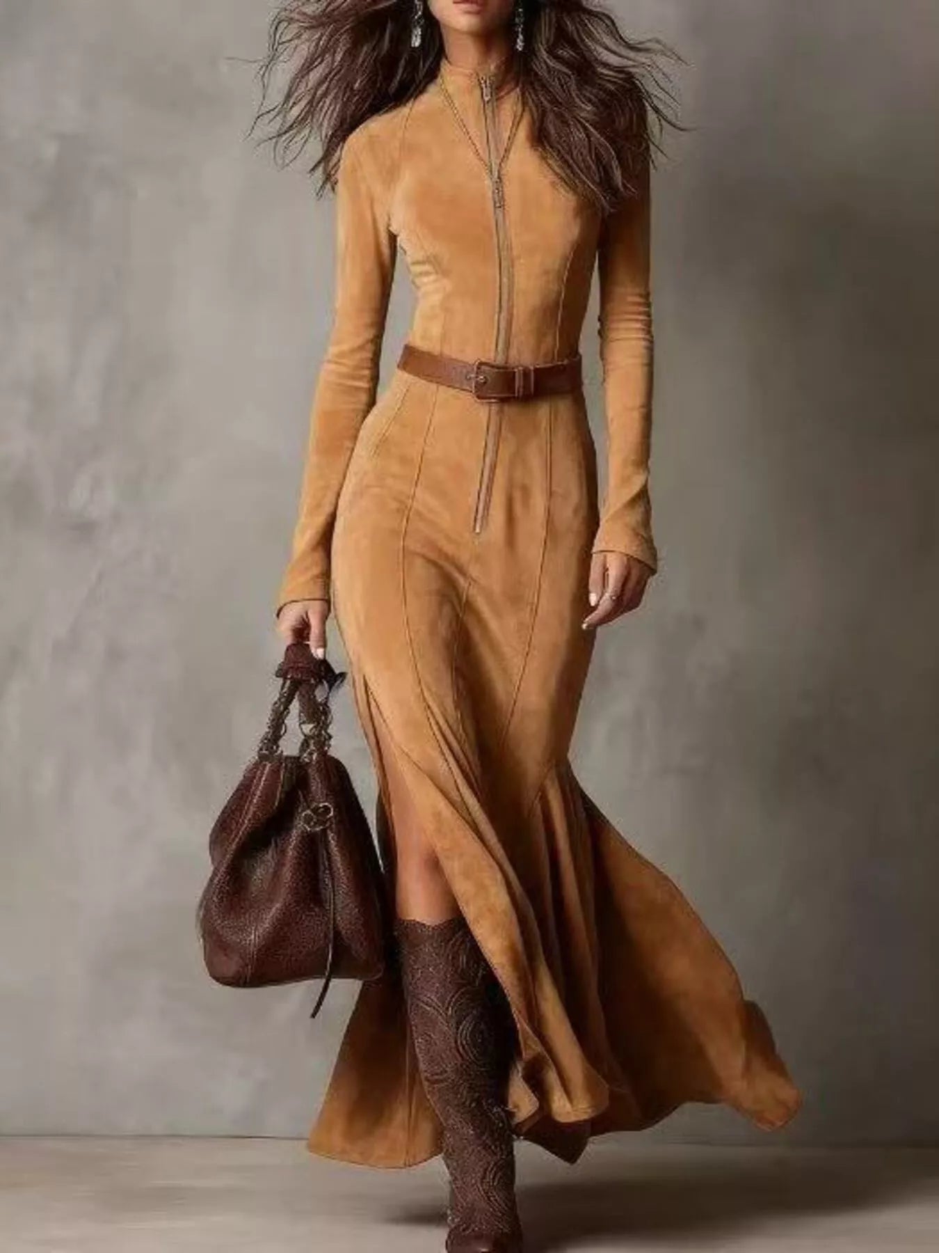 Full Size Zipper Front Long Sleeve Slit Maxi Dress Plus Size
