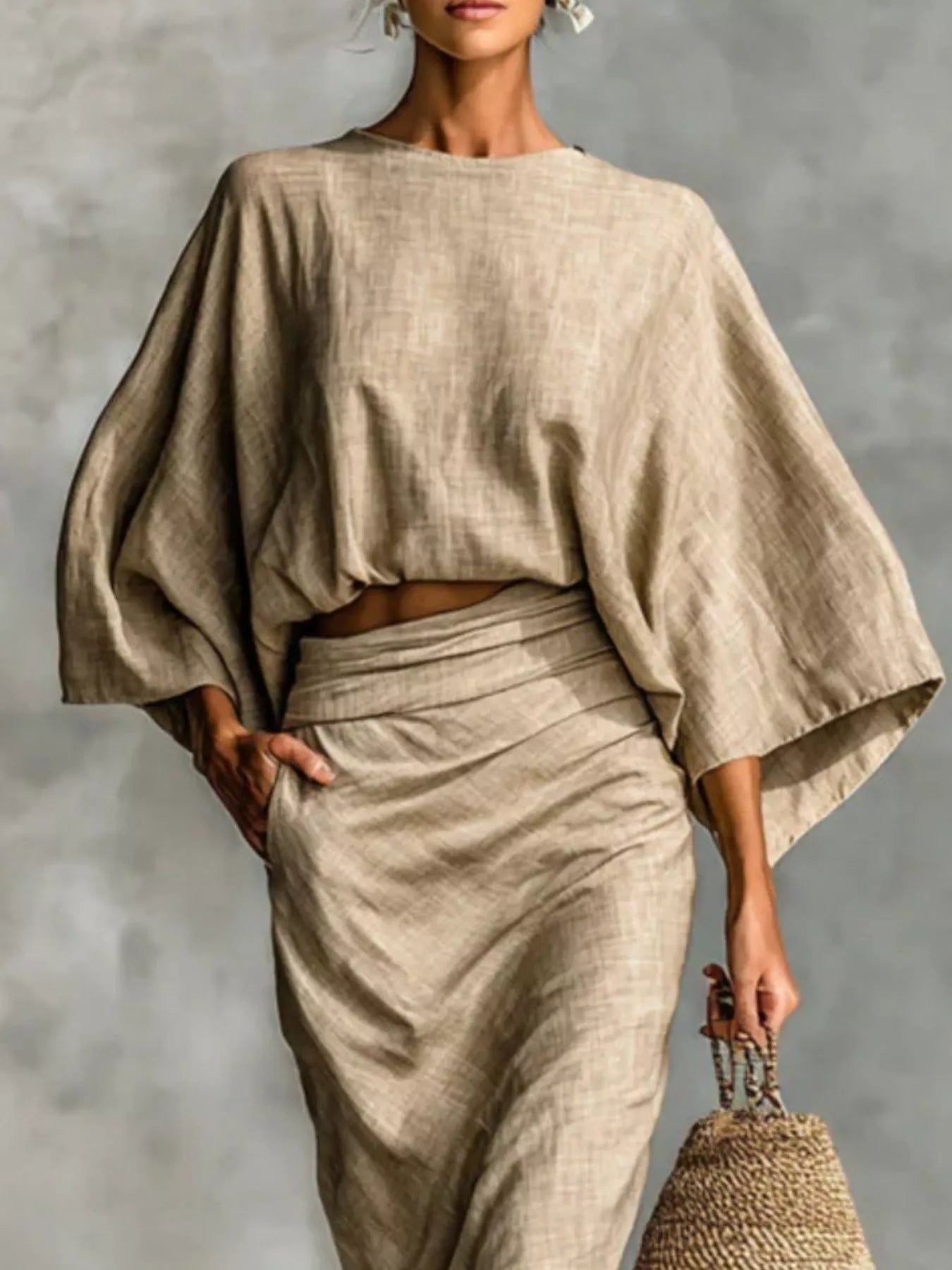 Full Size Kimono Sleeve Top and Ruched Skirt Set Plus Size