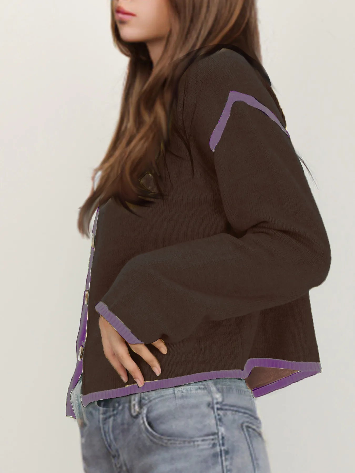 Button-Front Cardigan with Contrast Trim
