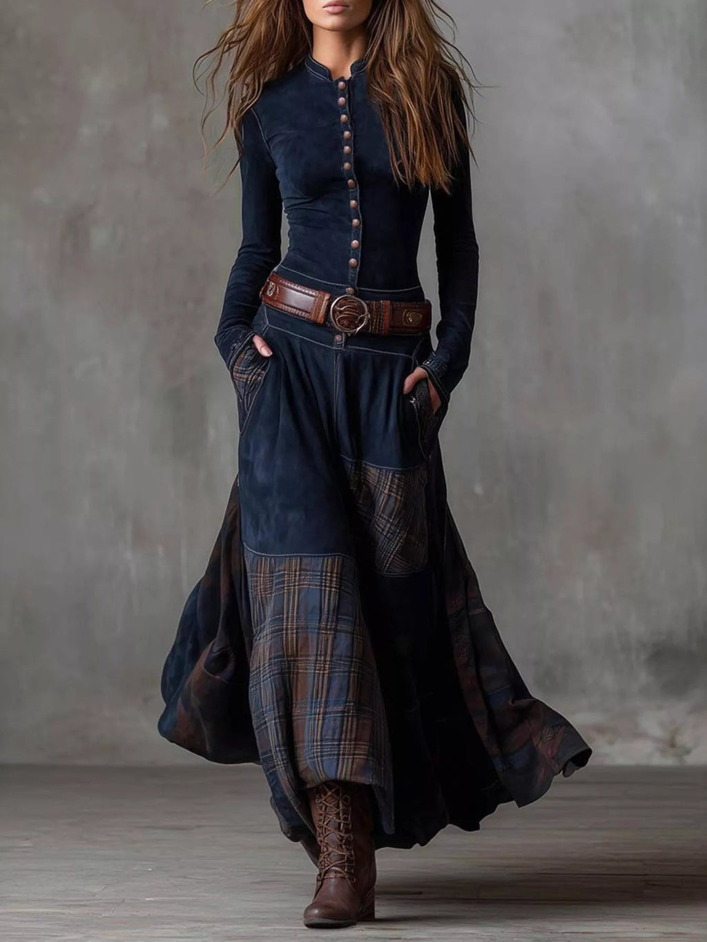 Full Size Plaid Button Front Long Sleeve Dress Plus Size
