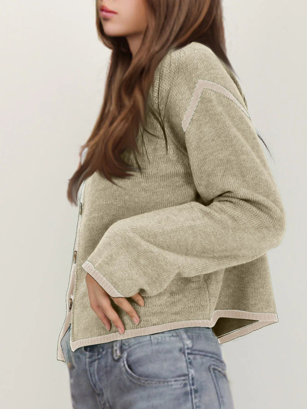 Button-Front Cardigan with Contrast Trim