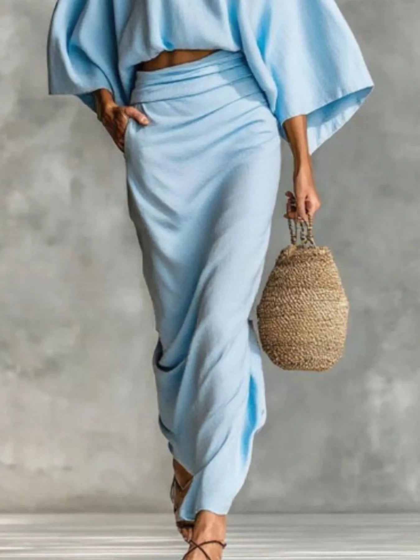 Full Size Kimono Sleeve Top and Ruched Skirt Set Plus Size