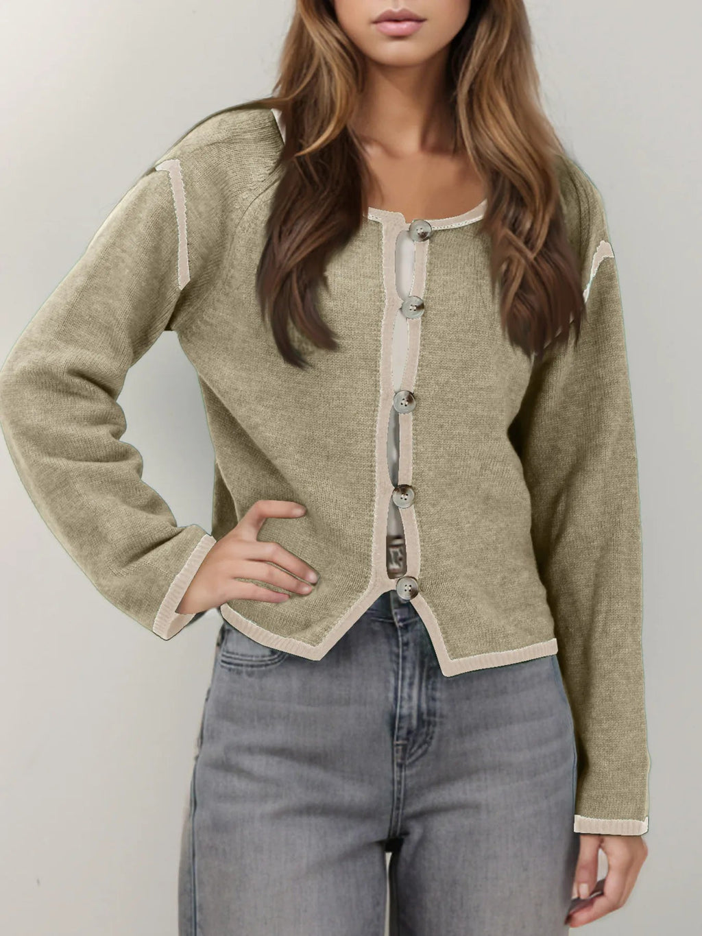 Button-Front Cardigan with Contrast Trim