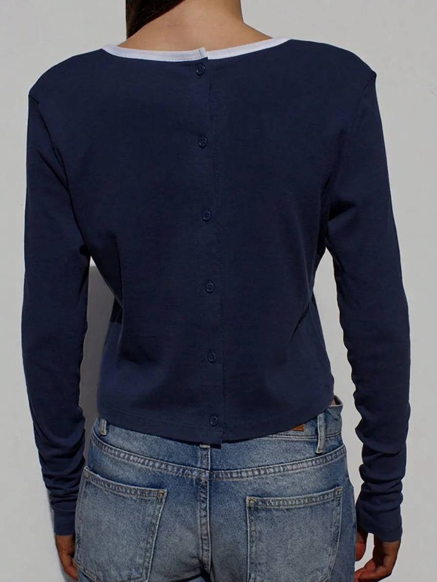 Button Down Contrast Trim Round Neck Long Sleeve Shirt