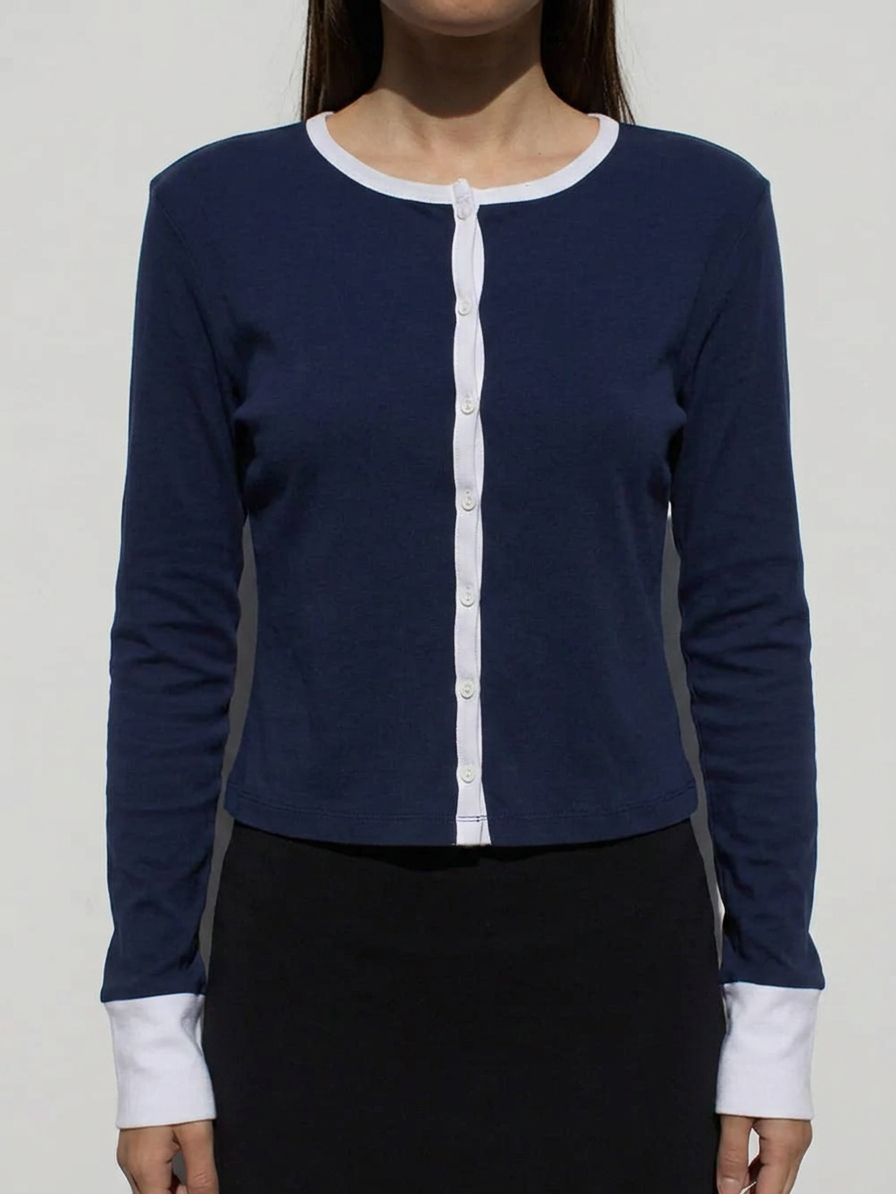 Button Down Contrast Trim Round Neck Long Sleeve Shirt