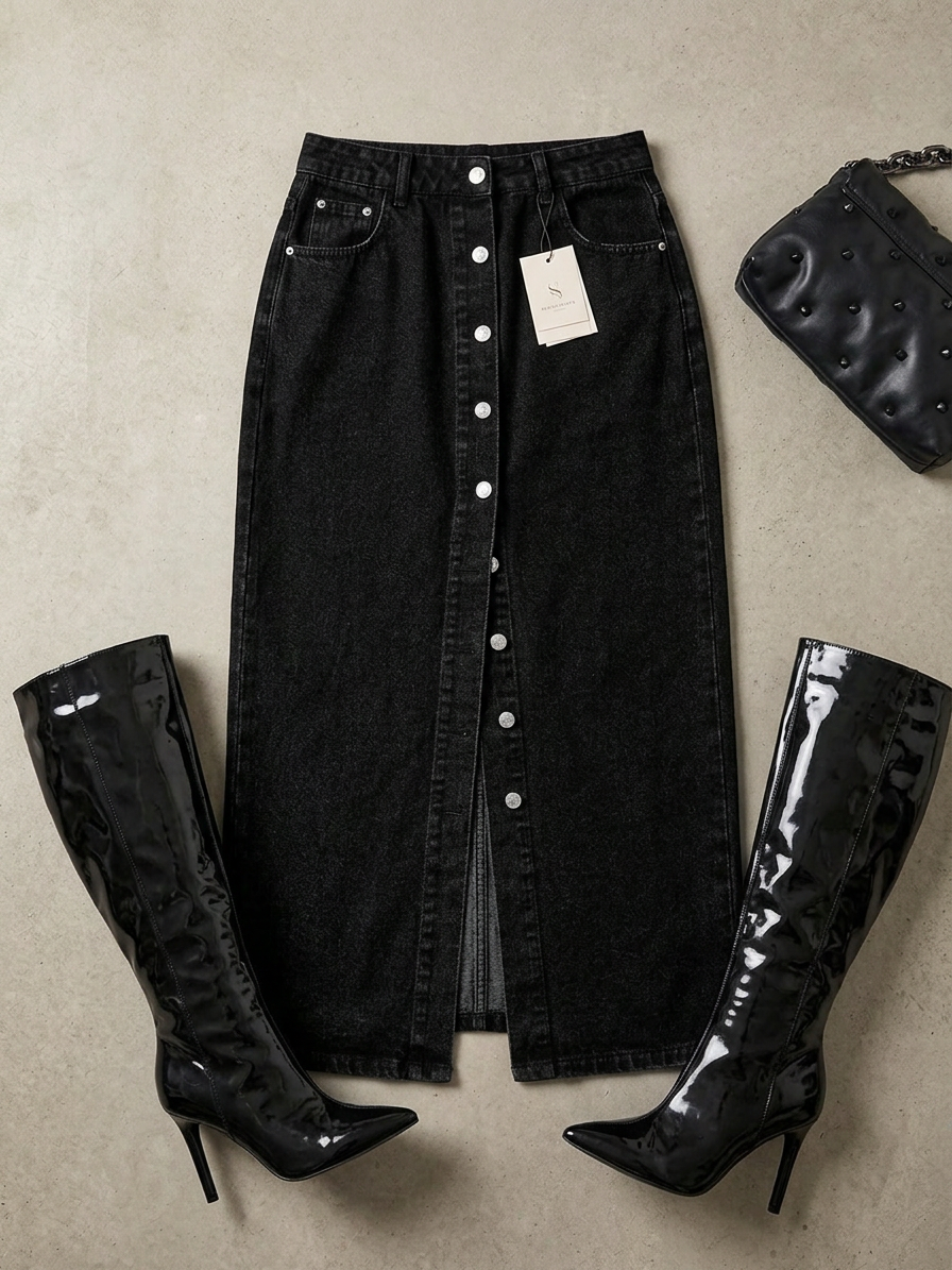 Button Front Denim Skirt