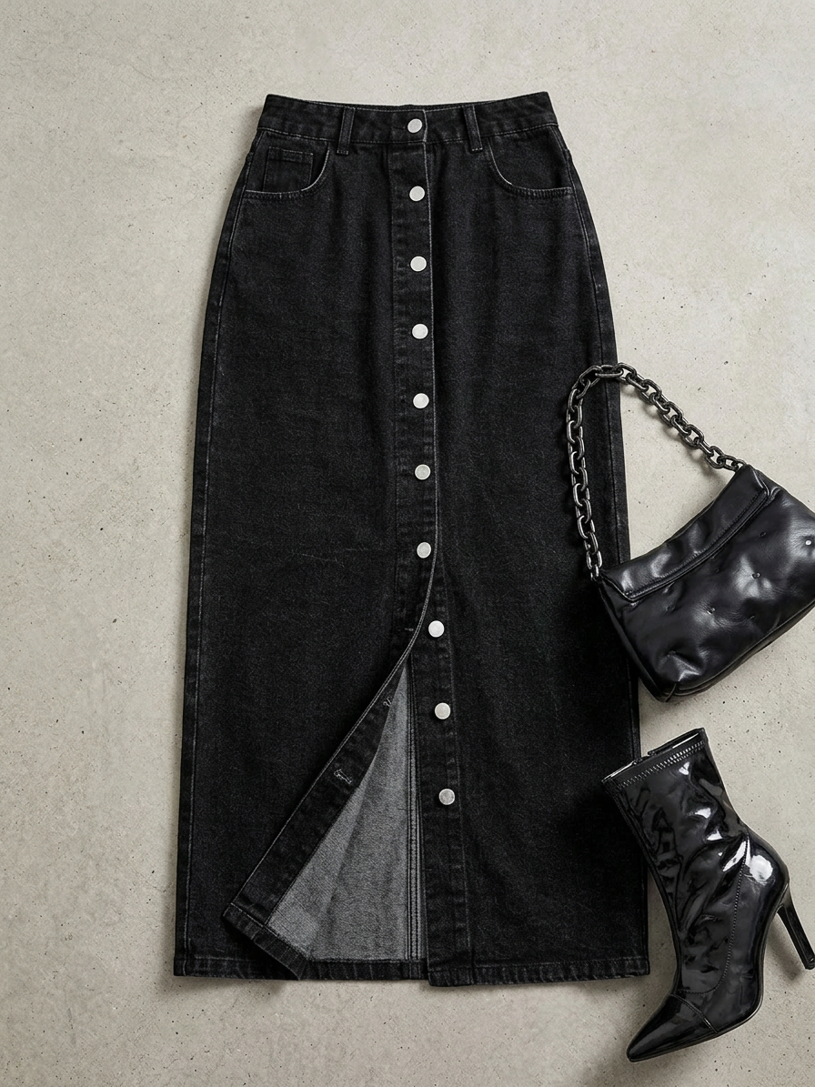Button Front Denim Skirt