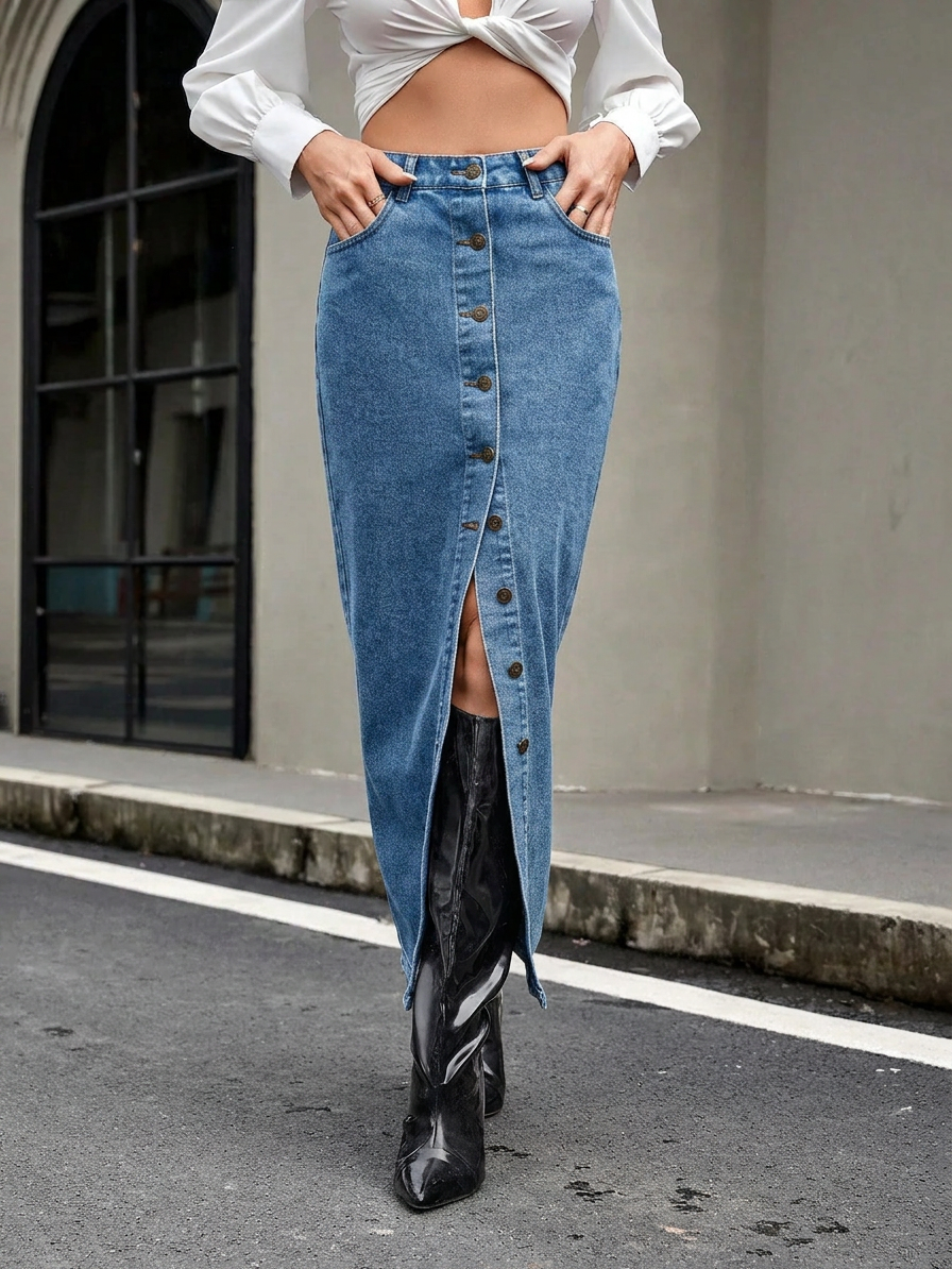 Button Front Denim Skirt